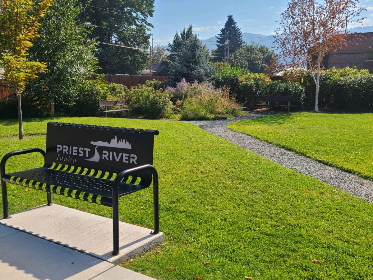 park bench and water feature